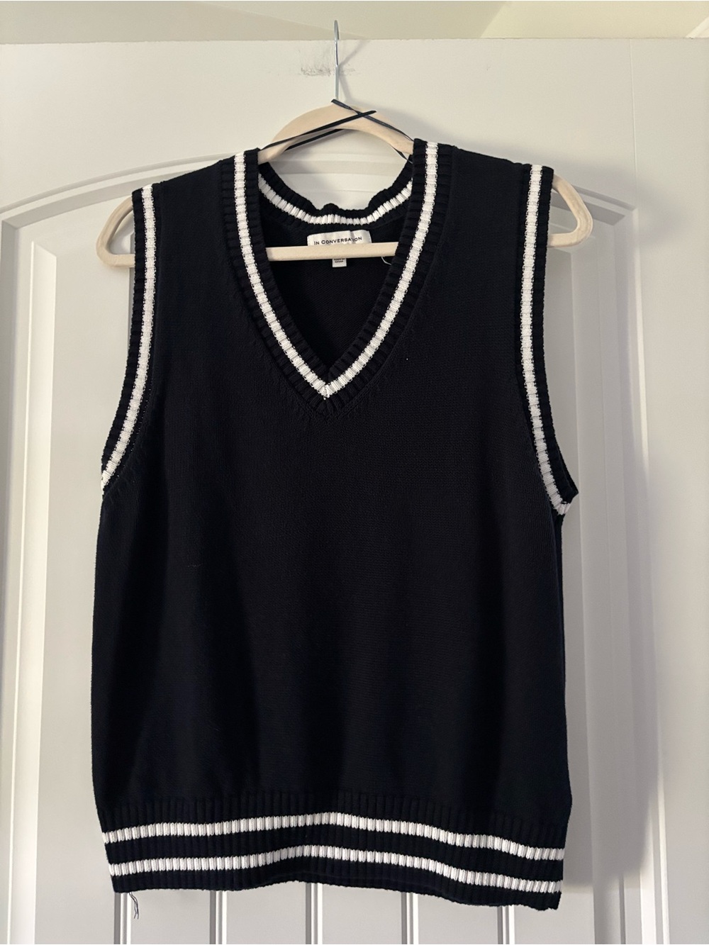 Classic Navy V-Neck Sweater Vest with White Stripe Trim
